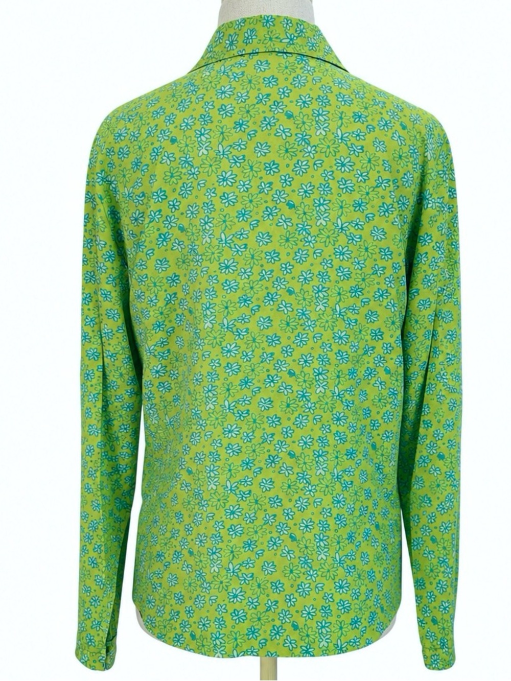 Provence d’amour 100% Silk Y2K Floral Blouse Lime Green Blue Daisy Print Medium - Picture 3 of 15